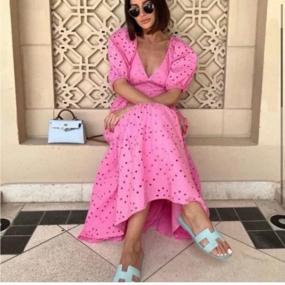 NWT Zara Openwork Embroidered Eyelet Puff Sleeve Pink Maxi Dress - Picture 3 of 6